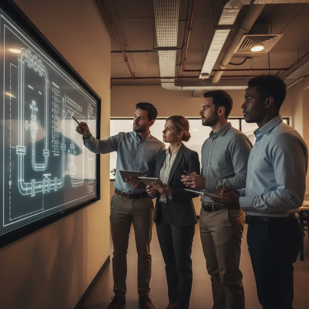 Flowmart engineering team reviewing industrial instrumentation blueprints
